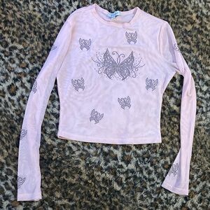 Dolls Kill Pink Butterfly Mesh Long Sleeve Crop Top